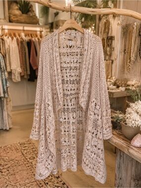 Free People Crochet Duster Cardigan M Boho Open Knit Longline Neutral